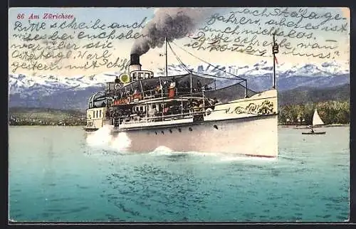 AK Zürichsee, Dampfer auf dem See