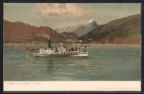 AK Figino /Lago di Lugano, See mit Dampfer Sempione, Orts- und Bergblick