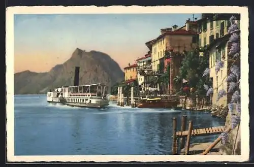AK Gandria /Lago di Lugano, Dampfer Sempiore vom Land aus gesehen