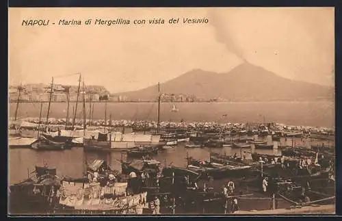 AK Napoli, Marina di Mergellina con vista del Vesuvio, Hafen