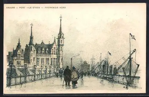 AK Anvers, Port, Le Steen, Promenoir nord, Hafen