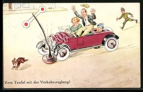 Künstler-AK Auto fährt gegen einen Wegweiser, Polizist läuft herbei