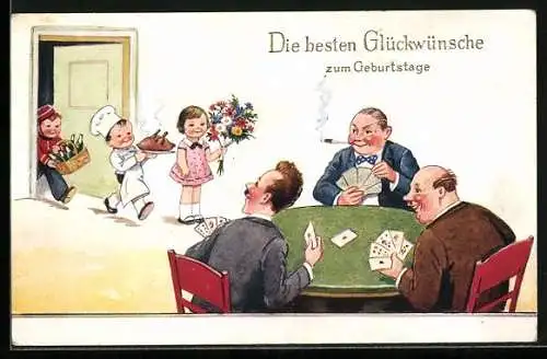 Künstler-AK Männer beim Kartenspiel