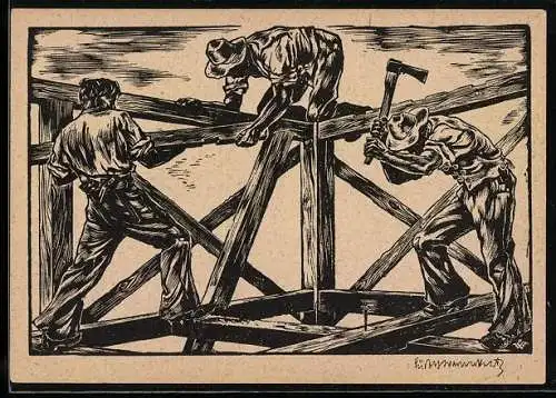 Künstler-AK sign. Rudolf Warnecke: Zimmerleute bei der Arbeit