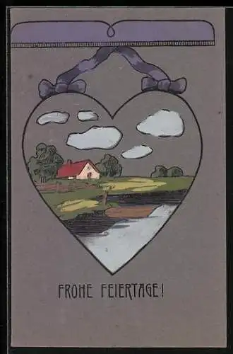 AK Herz mit idyllischer Landschaft