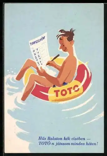 AK Mann mit Schwimmring füllt Toto-Schein aus