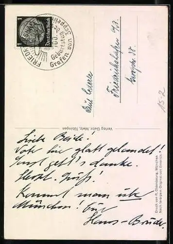 AK Graf Zeppelin in Uniform, Zeppelinpost-Ausstellung anlässlich des 100. Geburtstages des Grafen, Juli 1938