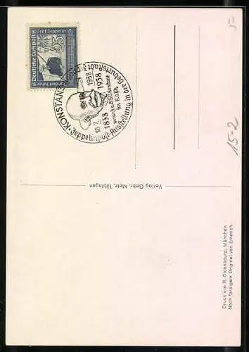 AK Graf Zeppelin in Uniform, Zeppelinpost-Ausstellung anlässlich des 100. Geburtstages des Grafen, Juli 1938