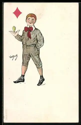 Künstler-AK sign. Van Nock: Knabe balanciert einen Kreisel auf der Hand, Spielkarten-Karo