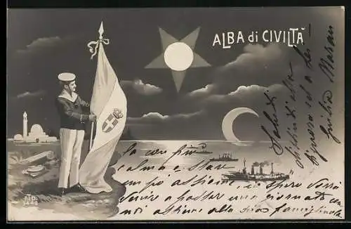 AK Türkei, Alba di Civilta, italienischer Soldat mit Flagge vor Moschee, Mondsichel, Stern, Italienisch-türkischer Krieg