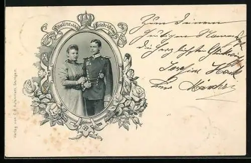 AK Pauline v. Württemberg und Erbprinz Friedrich, Portrait im Rahmen mit Krone u. Rosen