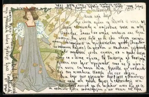 Lithographie Dame im langen Puffärmelkleid, Fallende Blätter, Jugendstil