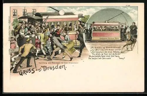 Lithographie Dresden, Menschenmenge stürmt vollbesetzte Strassenbahn, Begegnung Strassenbahn und Kutsche, Gedicht