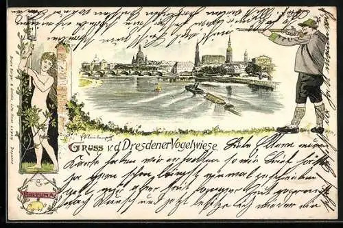 Lithographie Dresdener Vogelwiese, Ortsansicht, Schütze mit Gewehr ziehlt auf eine Zielscheibe