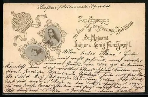 Präge-AK Kaiserin Elisabeth von Österreich u. König Franz Josef I., 50jähriges Regierungsjubiläum, Portraits, Krone