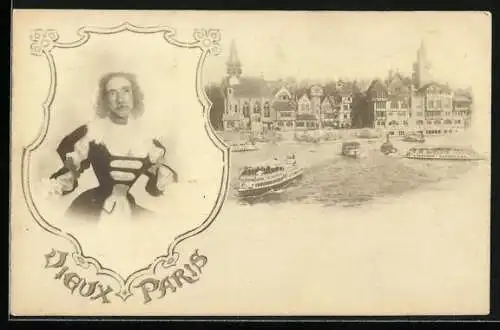 AK Paris, Dieux Paris, Männerkopf mit Frauenkörper, Ortspartie, Wappenförmiger Rahmen