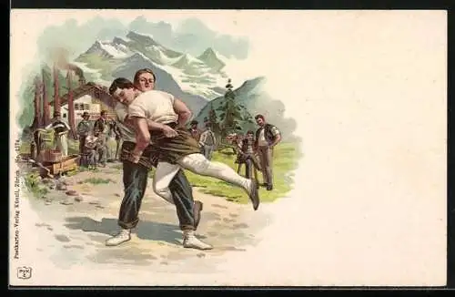 AK Zwei Männer ringen vor einer alpinen Kulisse