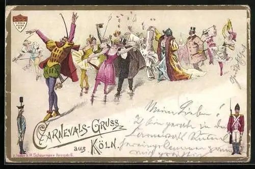 Lithographie Köln, Lustiger Carnevalsumzug mit Karamellen und Paar aus Schlittschuhen, Wappen, Soldatenfiguren