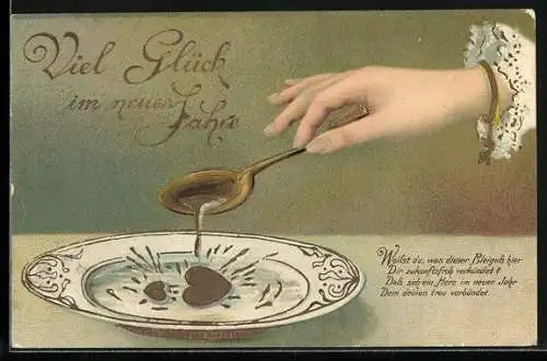 Präge-Lithographie Weibliche Hand beim Bleigiessen, Herzformen, Neujahrsgruss