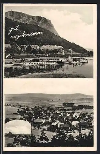 AK Schöna / Sächs. Schweiz, Panorama mit Ort und Landschaft