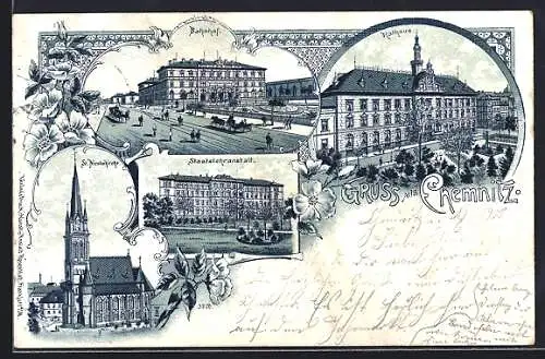 Lithographie Chemnitz, Bahnhof, Rathaus, St. Nicolaikirche, Staatslehranstalt