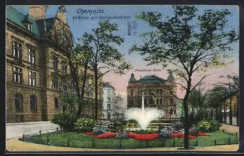 AK Chemnitz, Rathaus mit Beckerdenkmal, Dresdner Bank