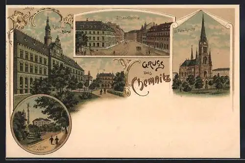 Lithographie Chemnitz, Johannisplatz, St. Petrikirche, Theater und Sieges-Denkmal