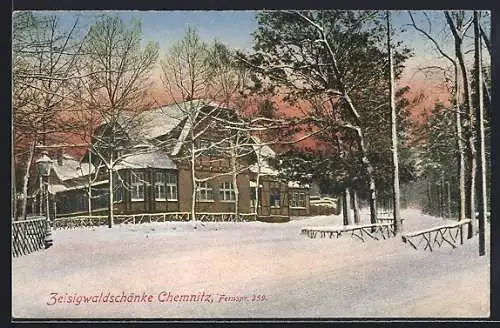 AK Chemnitz, Restauration Zeisigwaldschänke im Winter