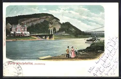 AK Porta Westfalica, Jacobsberg mit Brücke und Dampfer