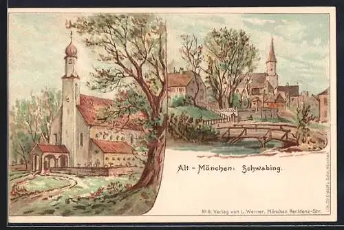 Lithographie München-Schwabing, Kirche, Ortspartie