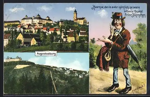 AK Augustusburg, Ortsansichten, Mann mit Hut und Regenschirm