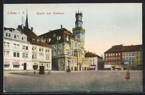 AK Löbau i. S., Markt mit Rathaus, Hotel & Restaurant Goldenes Schiff