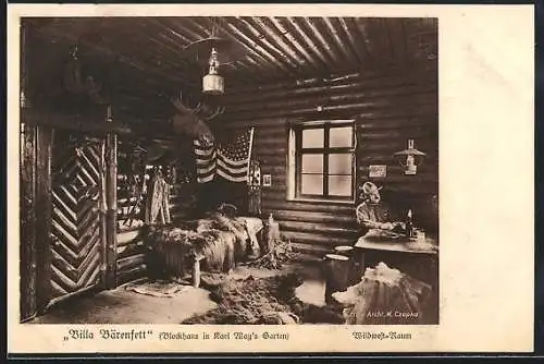 AK Blockhaus Villa Bärenfett in Karl Mays Garten, Wildwest-Raum