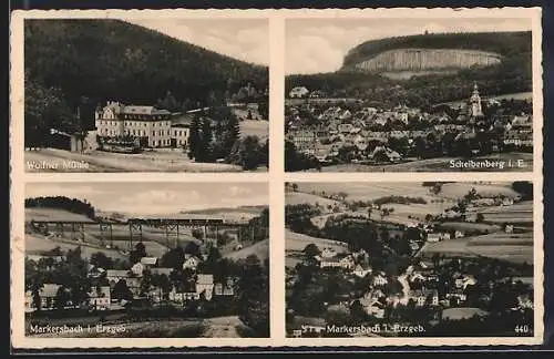 AK Markersbach i. Erzgeb., Eisenbahnbrücke, Wolfner Mühle, Scheibenberg und Ortsansichten