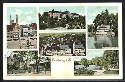 AK Freiberg / Sachsen, Obermarkt, Justizgebäude, Schwanenschlösschen, Schloss Freudenstein, Kreuzteich