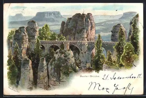 Lithographie Bastei / Sächsische Schweiz, Blick auf die Bastei-Brücke