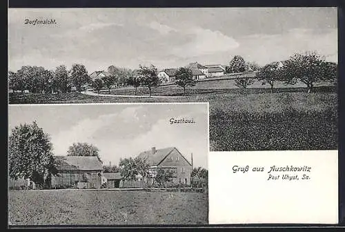 AK Auschkowitz /Sa., Dorfansicht, Gasthaus