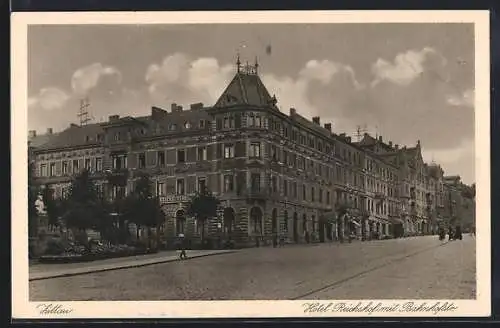 AK Zittau, Hotel Reichshof mit Bahnhofstr.