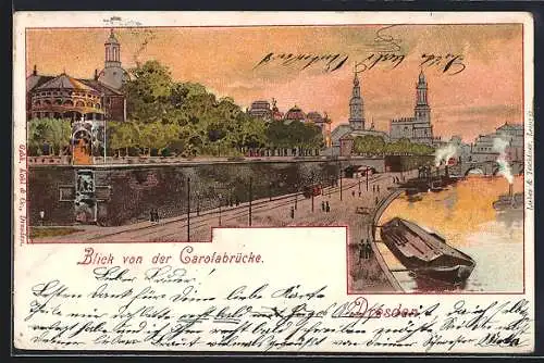 Lithographie Dresden, Blick von der Carolabrücke, Ansicht im Abendlicht