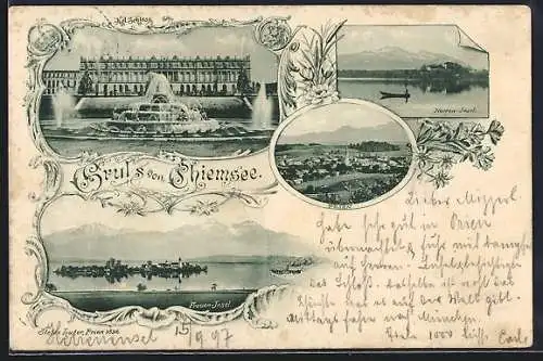 AK Chiemsee, Kgl. Schloss, Frauen-Insel, Prien, Herren-Insel