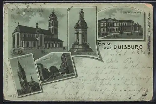 Lithographie Duisburg, Merkator-Denkmal, Salvator-Kirche, St. Josefs-Kirche