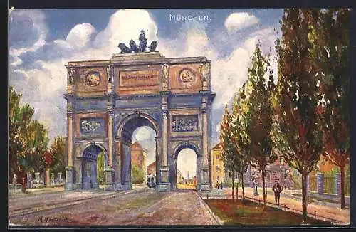 Künstler-AK München, Siegestor mit Strassenbahn
