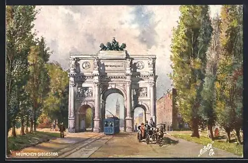 Künstler-AK München, Strassenbahn am Siegestor