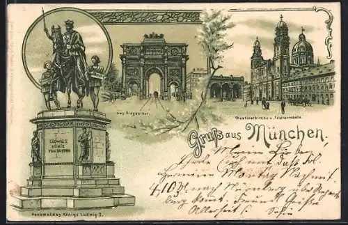 Lithographie München, Siegesthor, Theatinerkirche und Feldherrnhalle, Denkmal des Königs Ludwig I.