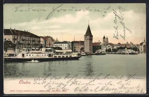 AK Lindau / Bodensee, Ortsansicht vom Wasser aus, Dampfer Königin Charlotte