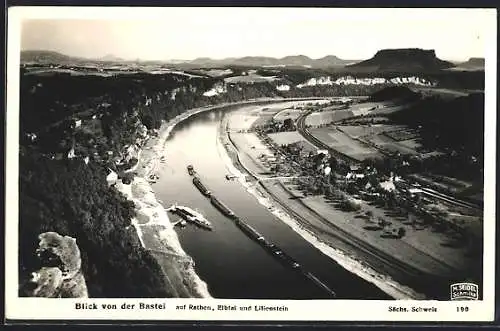 AK Bastei, Blick von der Bastei auf Rathen und Elbtal