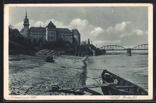 AK Torgau, Schloss Hartenfels und Brücke über die Elbe