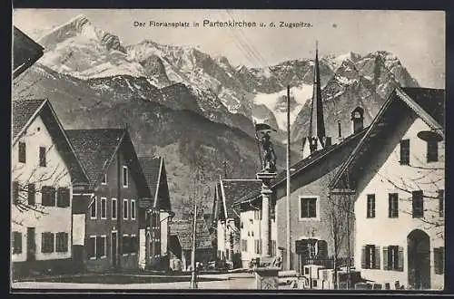 AK Partenkirchen, Der Floriansplatz mit d. Zugspitze