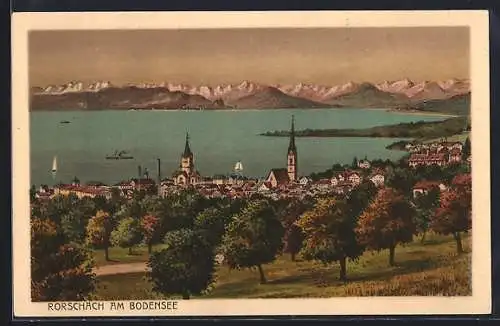 Künstler-AK Rorschach am Bodensee, Ortsansicht mit Alpenpanorama