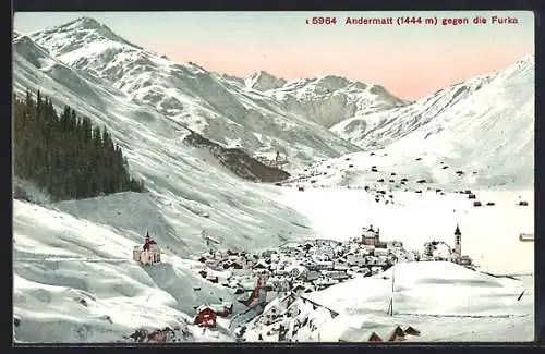 AK Andermatt, Verschneite Ortsansicht gegen die Furka